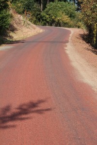 Cape Horn Road dyed red from fire retardant dropped during the outbreak last week. Photo by Ben Olson.
