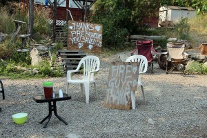 Spray painted messages like these keep the firefighters in good spirits. Photo by Ben Olson.