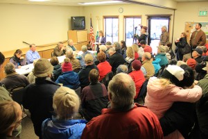 Around 100 people crammed into a small room at Monday's meeting with Boundary County Commissioners to discuss resolutions to oppose refugee resettlement. Photo by Ben Olson.
