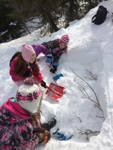 A group of local 5th graders dig a snow pit at last year’s Snow School. Photo by SOLE.