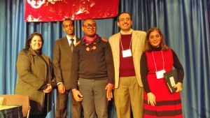 The refugee panel (left to right): Rafah Al Khafaji from Iraq has a PhD in Mechanical Engineering, Mohamed Adan from Somalia is a student at Boise State University, Patrick Wangoi from the Congo is a student of social work, Ahmed Aljuboori from Iraq was a professor at the University of Baghdad and Malak Al Fatal from Iraq is a Boise State University student. Photo by Brenda Hammond.