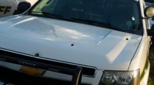 Bullet holes can be seen in the hood of the Sheriff’s vehicle. Photo courtesy of Bonner County Sheriffs Office.