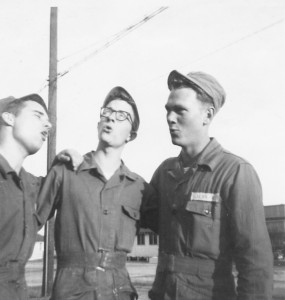 Homesick 19-year-old basic trainees singing at Turner AFB, Albany, Geo. in March, 1951. Left to right: Harvey Lyon, Tim Henney and Lonnie Jenkins.