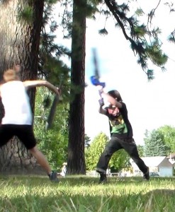 Luke Belden (in black) boffering at Lakeview Park. Belden makes, sells and studies swords. Photos by Jodi Rawson.