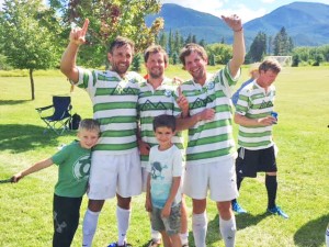 Grey Green Monarchs (left to right): Club president Adam Tajan, club namer Lawson Tate, Julyfest tournament director Simon Davidson. In background, newly signed Seb Sheldon. Young Monarchs developmental program: Rowan Wyatt , 8 and Vann Tate, 7. Photo courtesy of Happy Hans.