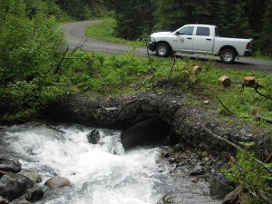 The old 5-foot diameter Quartz Creek culvert taken circa 2010. Photo by Kevin Davis.