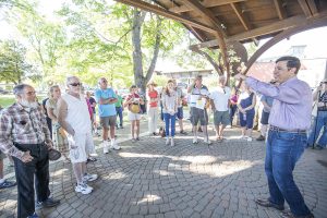 US Rep. Raul Labrador talks with about 30 constituents at Farmin Park on Monday. Photo by Cameron Barnes.