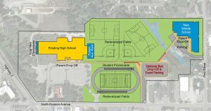 An artistic conception of the scheduled upgrades to the Sandpoint High and Middle Schools. Drawing by ALSC Architects, map by Google.