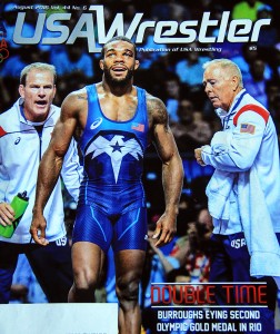 Bruce Burnett, right, on this month’s cover of “USA Wrestler” magazine. Photo used by permission.