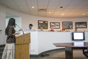 Abortion abolitionist protester Arlene Herndon speaks to the City Council prior to their passing the noise ordinance restricting loud speakers. Photo by Cameron Barnes.