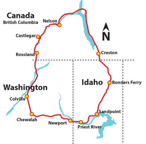 A map of the 370-mile WaCanId Bicycle Ride route traveling through Washington, Canada and Idaho. Map courtesy of wacanid.org.
