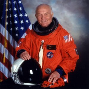 Color formal portrait of John Glenn in his spacesuit as a crew member on the Space Shuttle Discovery mission STS-95, 1998. Courtesy NASA.