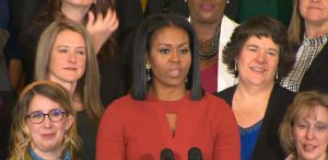 SHS counselor Jeralyn Mire can be seen directly to first lady Obama’s left during the emotional farewell speech. Still courtesy of YouTube.