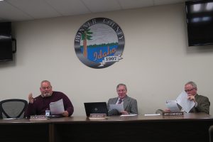 Bonner County Commissioners Dan McDonald, left, Glen Bailey, center, and Jeff Connolly, right. Photo by Ben Olson.