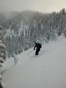 One of the many delicious tree runs above Elsie Lake. Photo by Melissa Hendrickson.