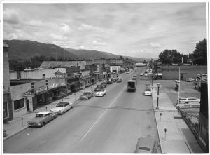 Looking south down First Ave. in Sandpoint, circa 1957. Photograph by William Lutzke and courtesy of Bonner County Historical Society.