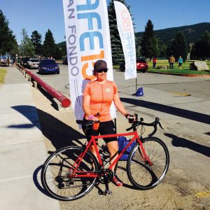 Vicki Reich, shortly after completing her 150-mile ride. Photo by Jon Hagadone.
